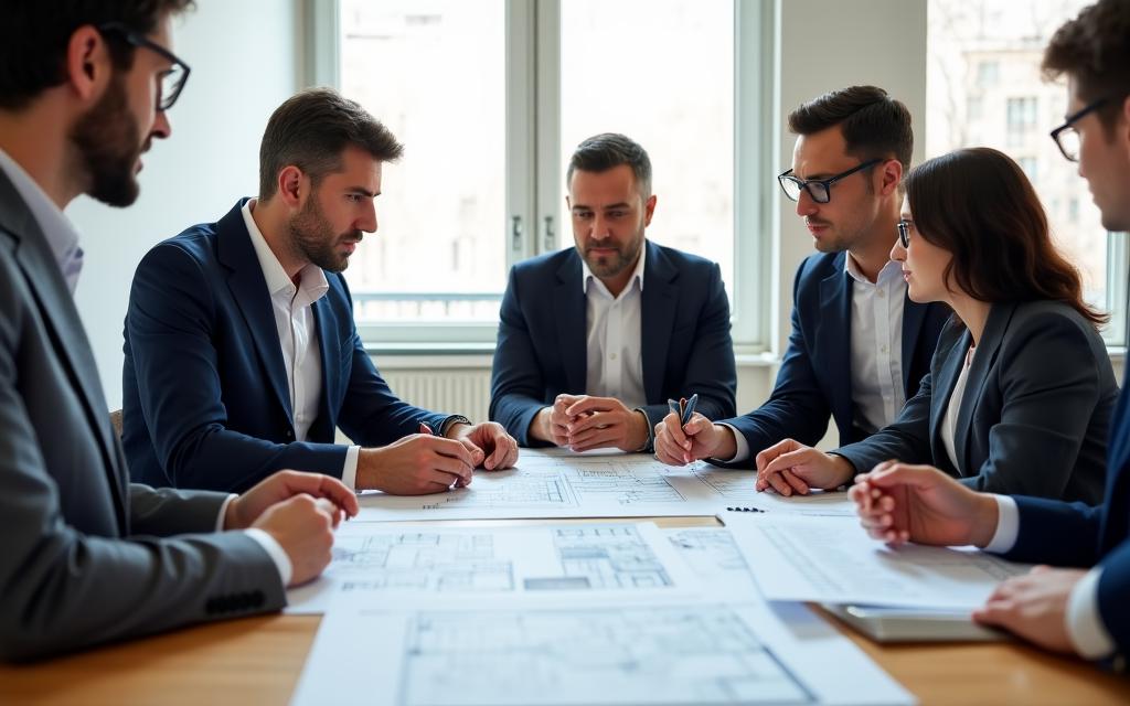 Equipo de consultores en una mesa de madera minimalista, colaborando de manera enfocada y profesional en Madrid.