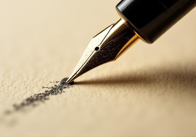 Primer plano de una pluma estilográfica trazando líneas elegantes sobre papel de alta calidad